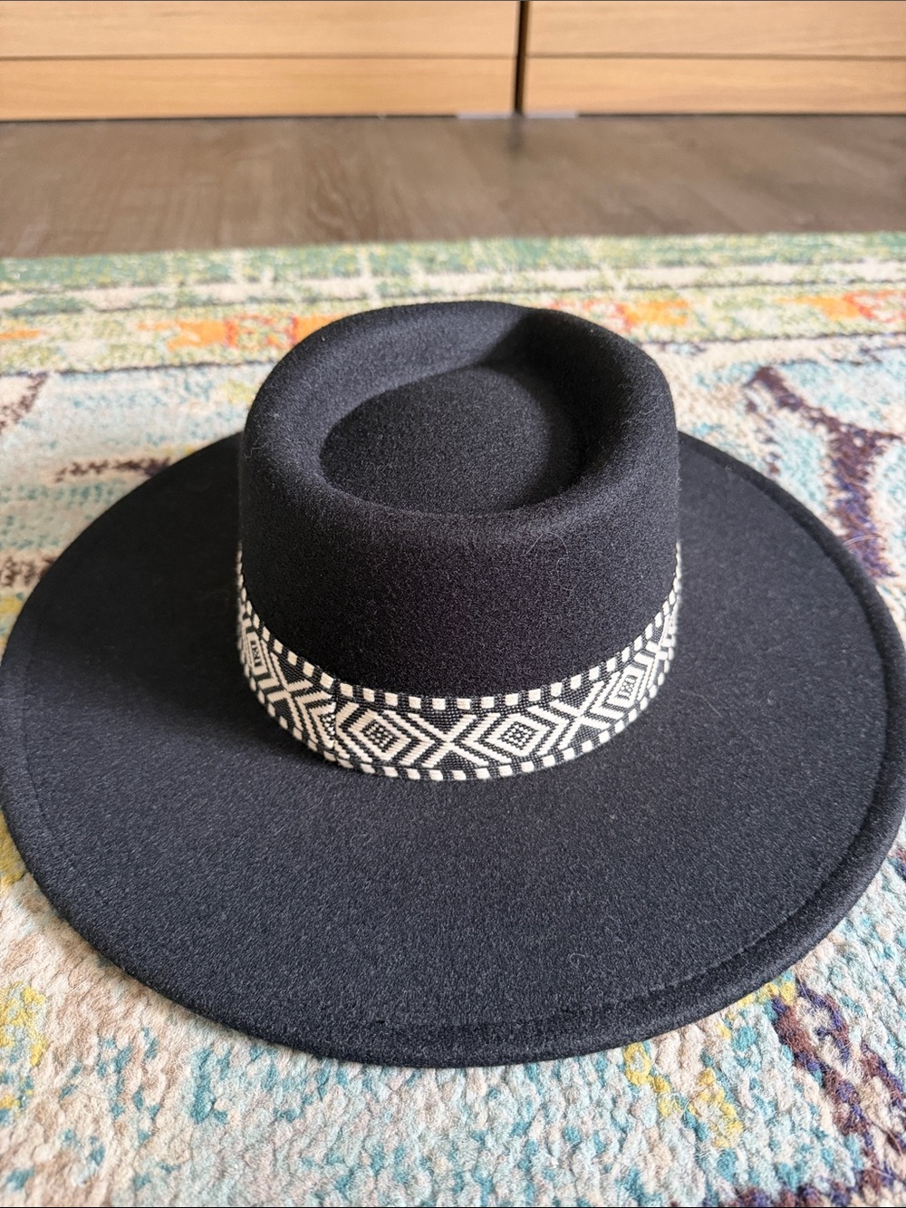 Black Wide-Brim Wool Hat with Geometric Band
